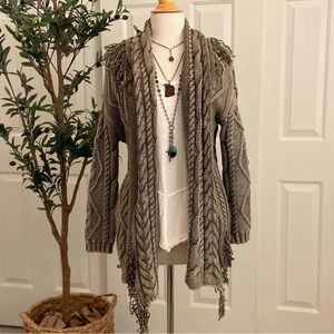 Oversized Cable Knit Heavy Cardigan Fringe Accents, Olive Color Thick Warm